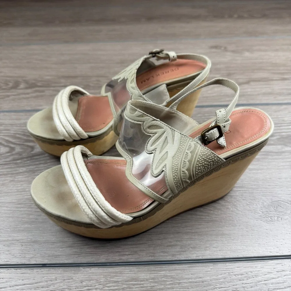 Derek Lam Womens Wedge Sandals Clear Lucite Wood Platform Cream 35 US 5